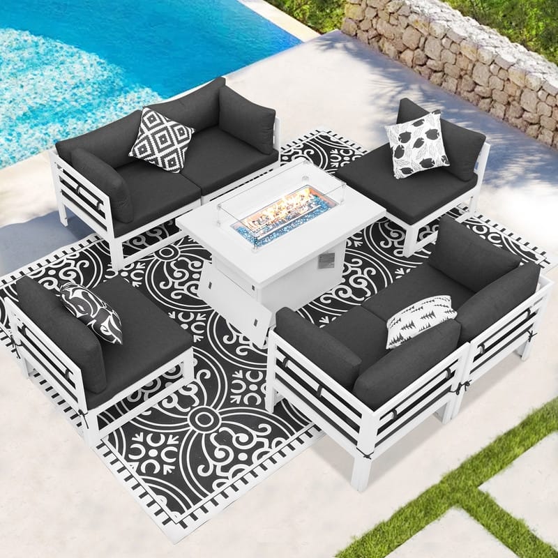 FINCATI Modern 7 Piece White Aluminum Outdoor Furniture Set with Propane/Natural Gas Firepit Table