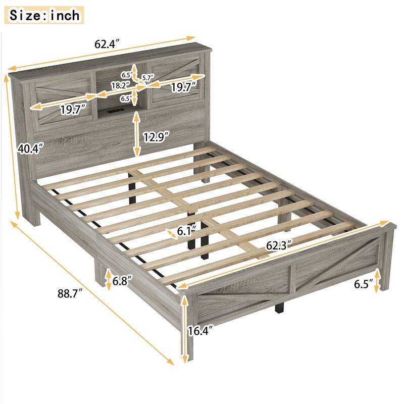 Farmhouse Style Platform Bed with Sliding Barn Doors Storage Headboard, Full/Queen Size Wood Bed Frame with Charging Station