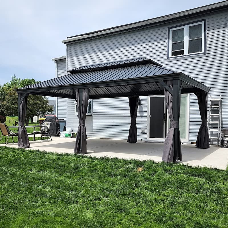 PURPLE LEAF Outdoor Galvanized Steel Hardtop Gazebo, Aluminum Frame Gazebo With Curtains