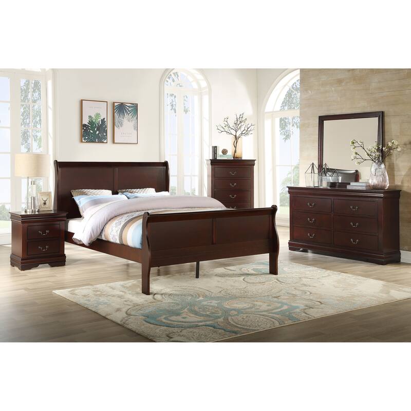 Brown Cherry Finish Queen Size Panel Sleigh Bed Solid Wood Furniture
