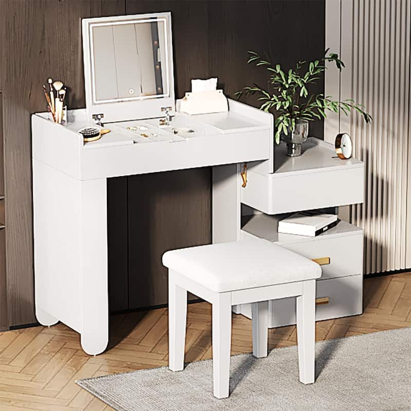 3-in-1 Makeup Vanity Desk with Stool, Flip-Top Mirror, Adjustable 3 Colors Lighting & Retractable Side Cabinet