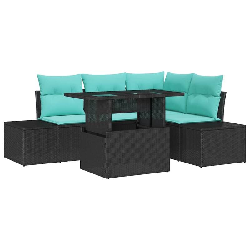 vidaXL 5 Piece Garden Sofa Set with Cushions Black Poly Rattan - 82.3×60.6×27.2