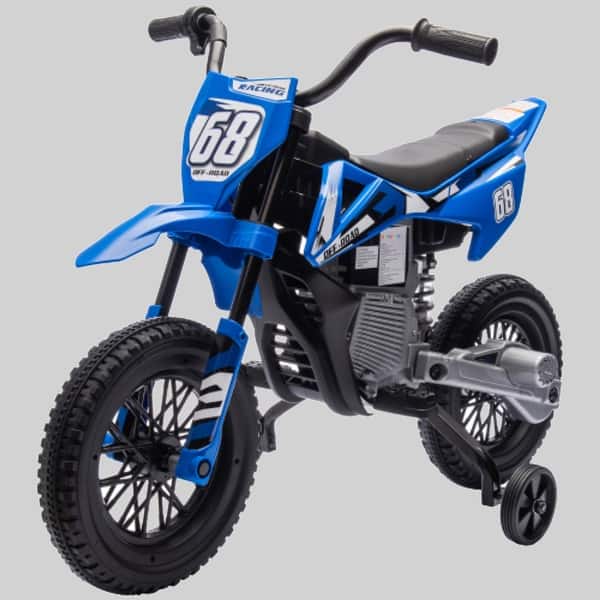 slide 1 of 1, Kids Electric Motorcycle with 12V Battery, Twist Grip Throttle, Training Wheels, Rear Suspension, Music System for Toddlers Blue