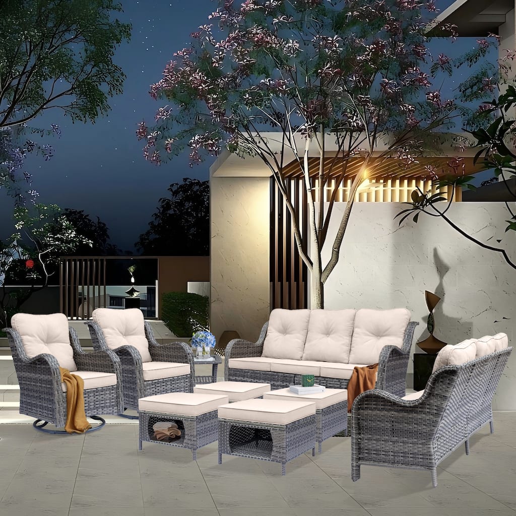 9 Piece Outdoor Wicker Rattan Patio Furniture Seating Swivel Chair Set