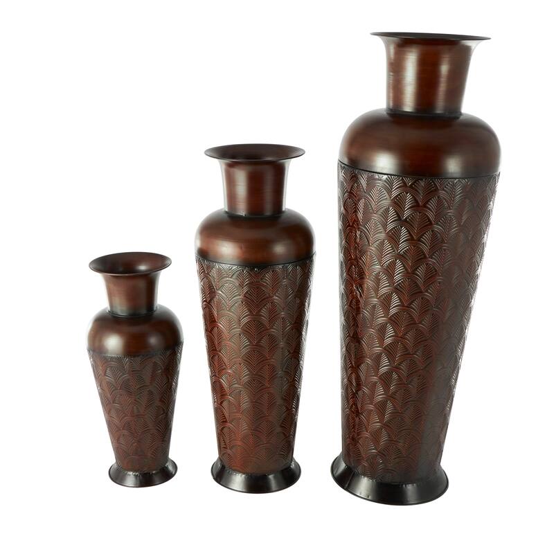 Dark Brown Metal Tall Vase with Geometric Designs (Set of 3)