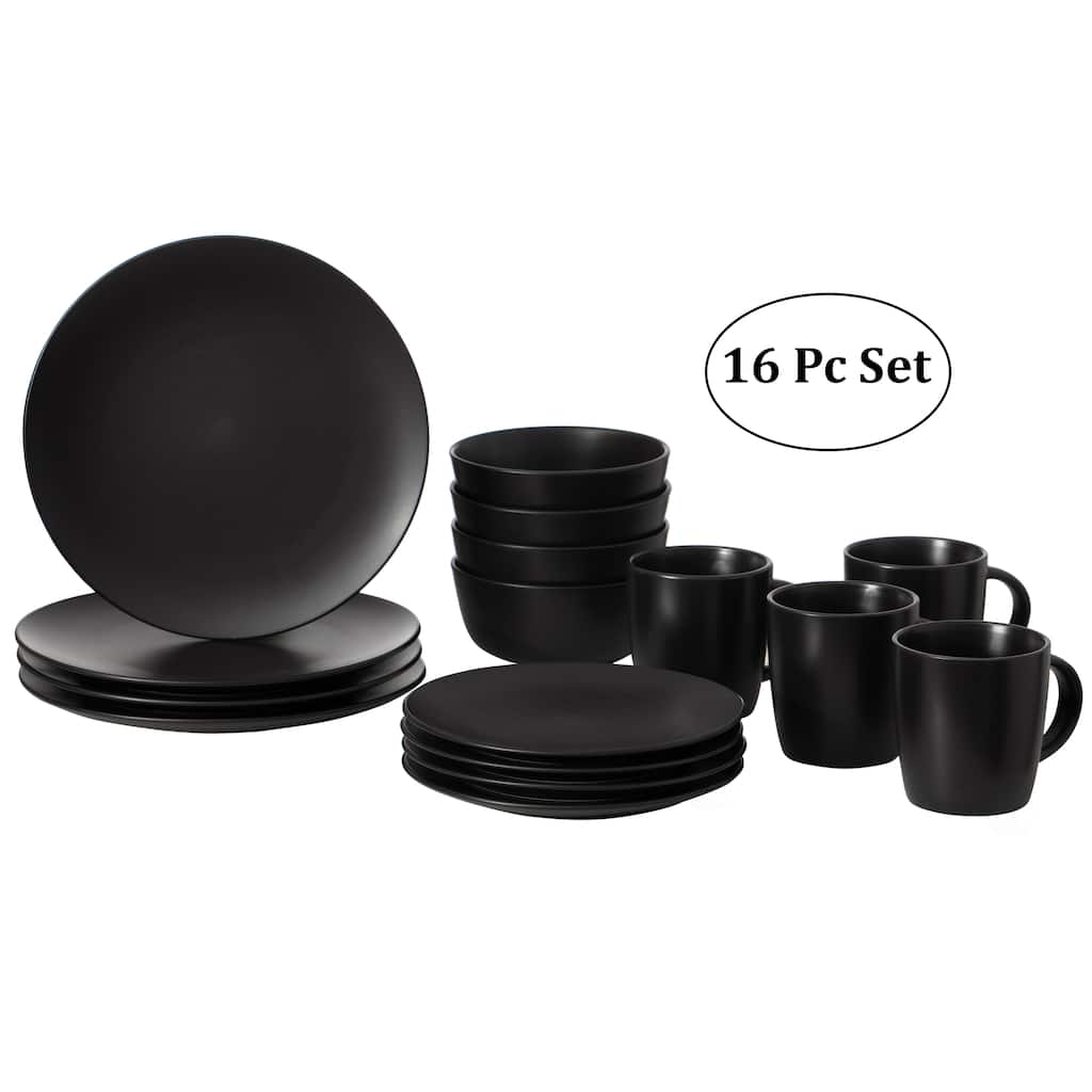 16 PC Dinnerware Dish Set for 4 Person | Mugs, Salad and Dinner Plates and Bowls Sets, Chip and Crack Resistant, Matte Black