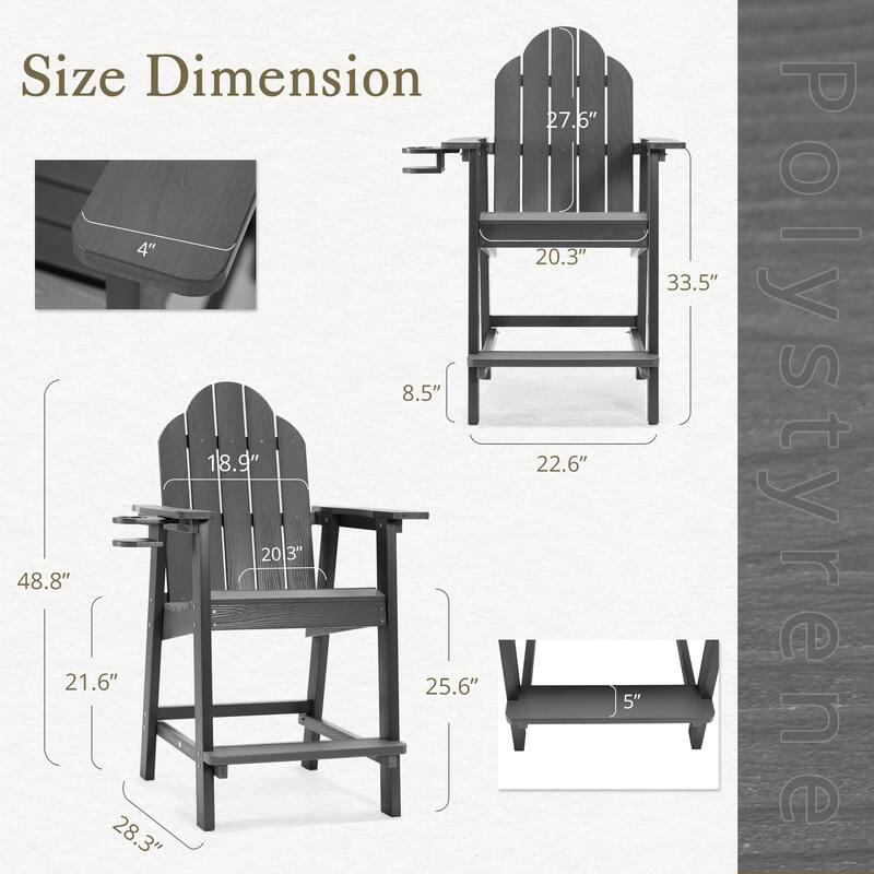 LUE BONA All Weather Plastic Outdoor Bar Stool Adirondack Chairs Bar Height Arm Chairs with Cup Holder for Balcony, Deck, Patio