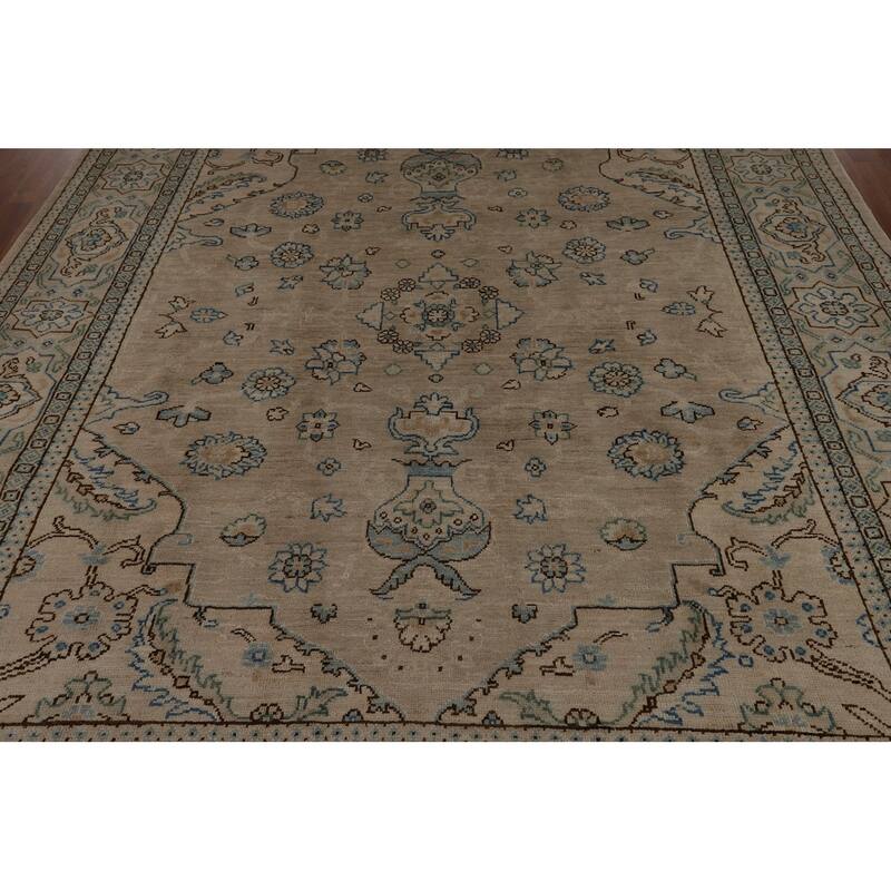 Vegetable Dye Oushak Turkish Rug Handmade Beige Floral Wool Carpet - 7'10"x 9'6"