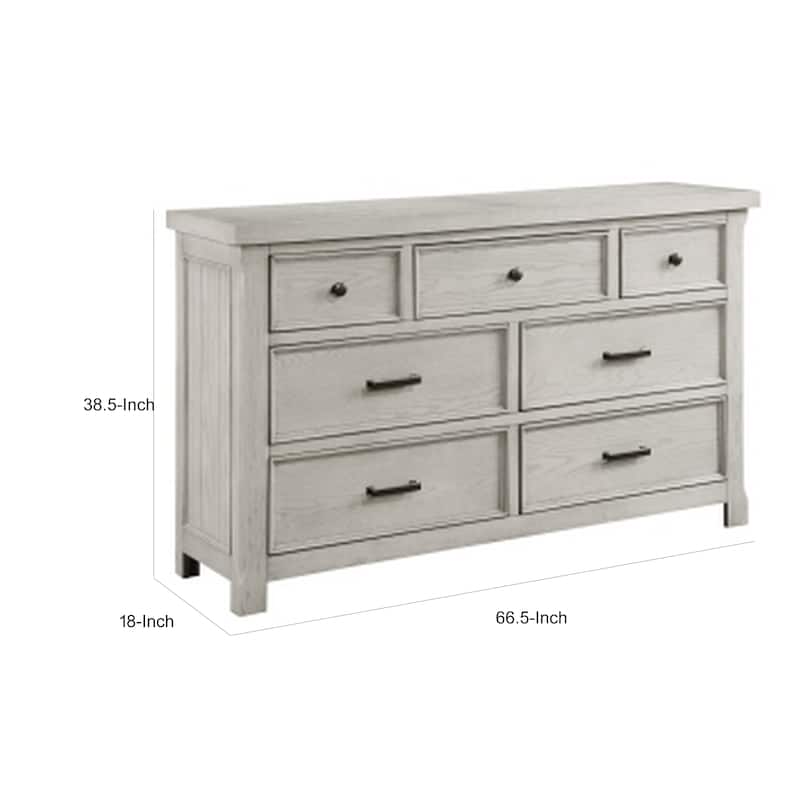 Myna 67 Inch Wide Dresser, 7 Drawers, Rustic Farmhouse White Oak Veneer
