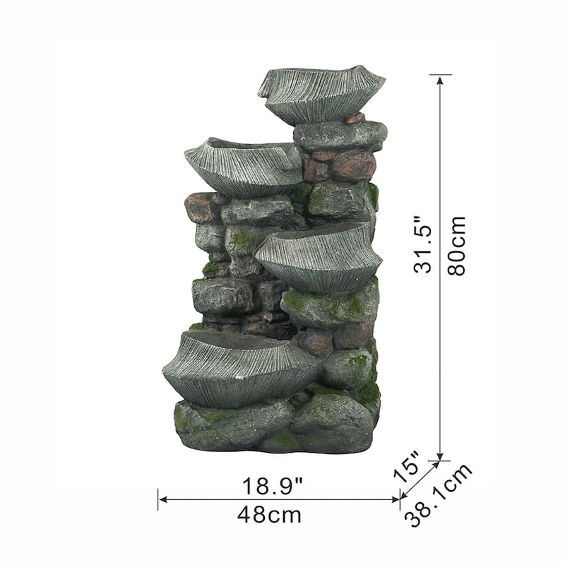19x15x31.5" Indoor Outdoor Stone Water Fountain, 4-Tier Polyresin Cascading Rock Bowl Freestanding Fountain with LED Light