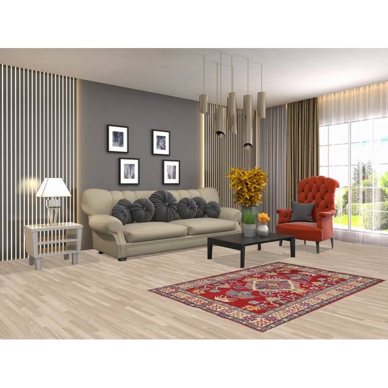 Geometric Red Kazak Oriental Rug Handmade Traditional Wool Carpet - 3'4"x 5'3"