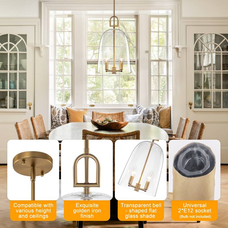 2-Light Gold Metal Pendant Light with Bell-Shaped Clear Glass Shades - Dia.10-in