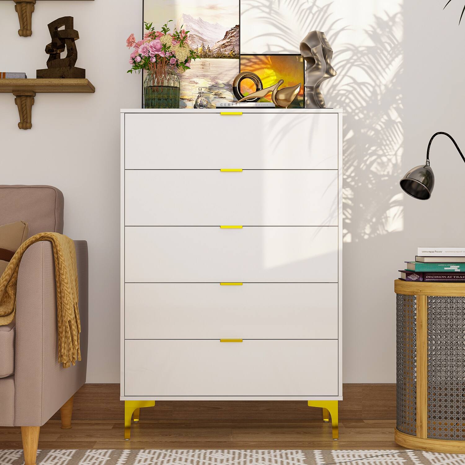 Dresser Chest of Drawers Closet Storage Organizer White Lacquer Bed