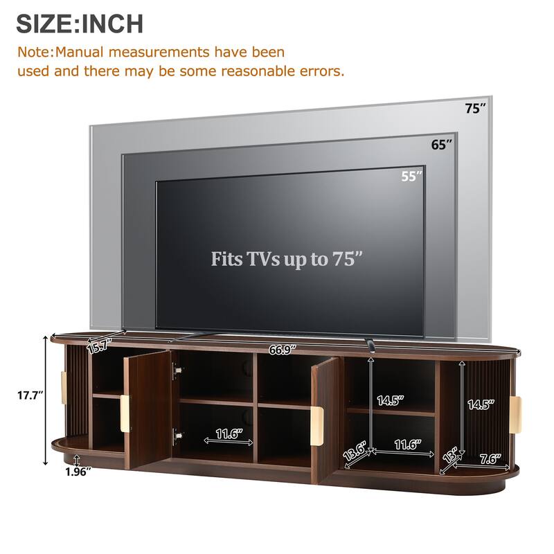 Wooden TV Stand with Sliding Tambour Door for TVs up to 75", Fluted TV Cabinet Media Console Table for Living Room