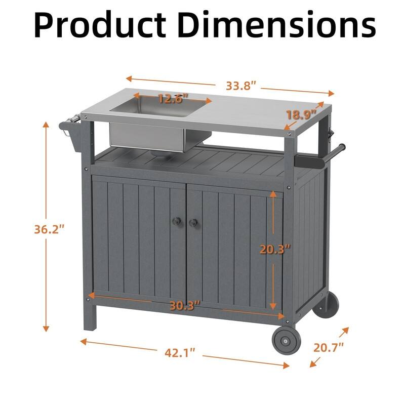 HDPE Outdoor Grill Cart with Sink,Cabinet and Cover, 42 inch Freestanding Modular Kitchen Sink Station in 304 Stainless Steel