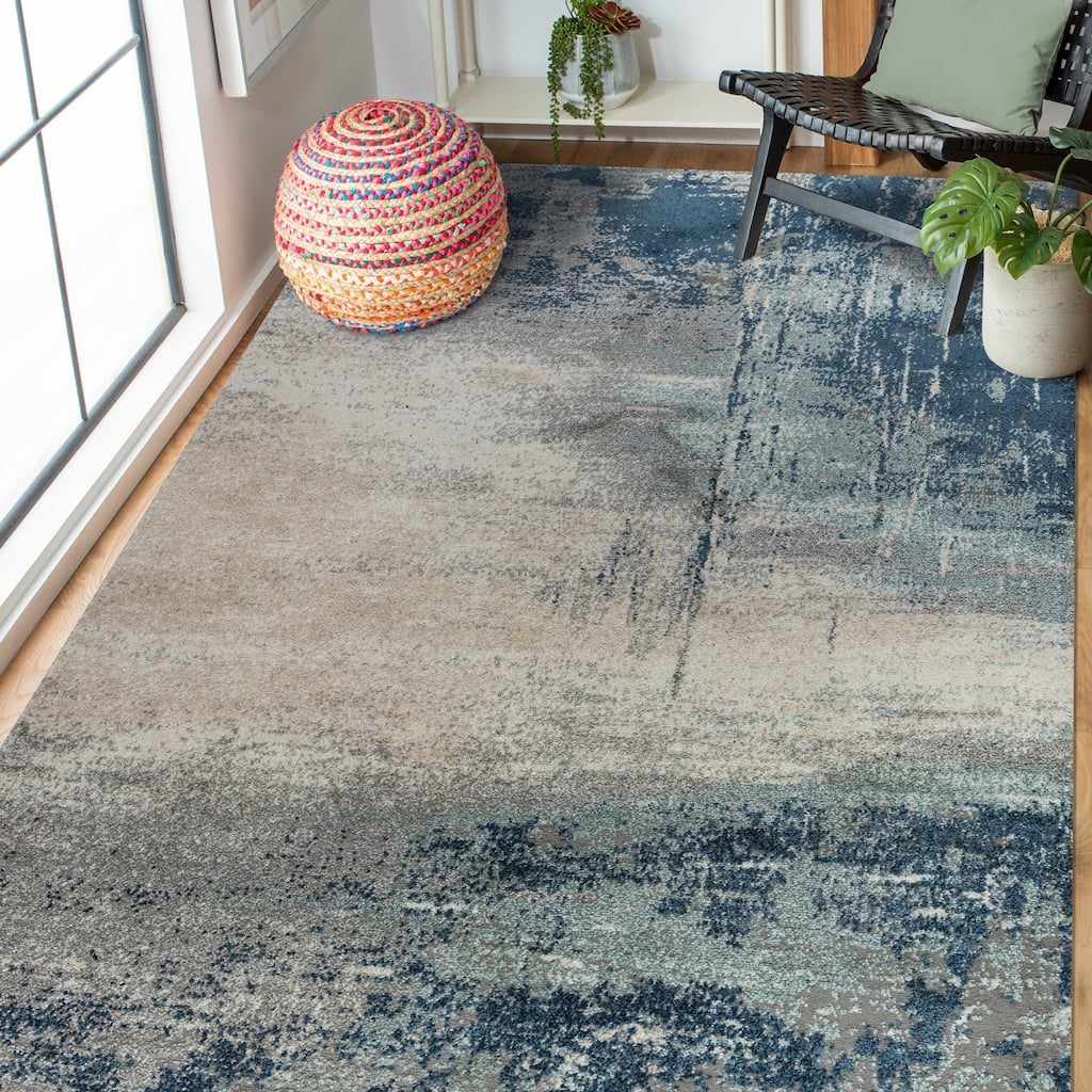 Yamanu Bern Dark Blue Abstract Polyester Area Rug