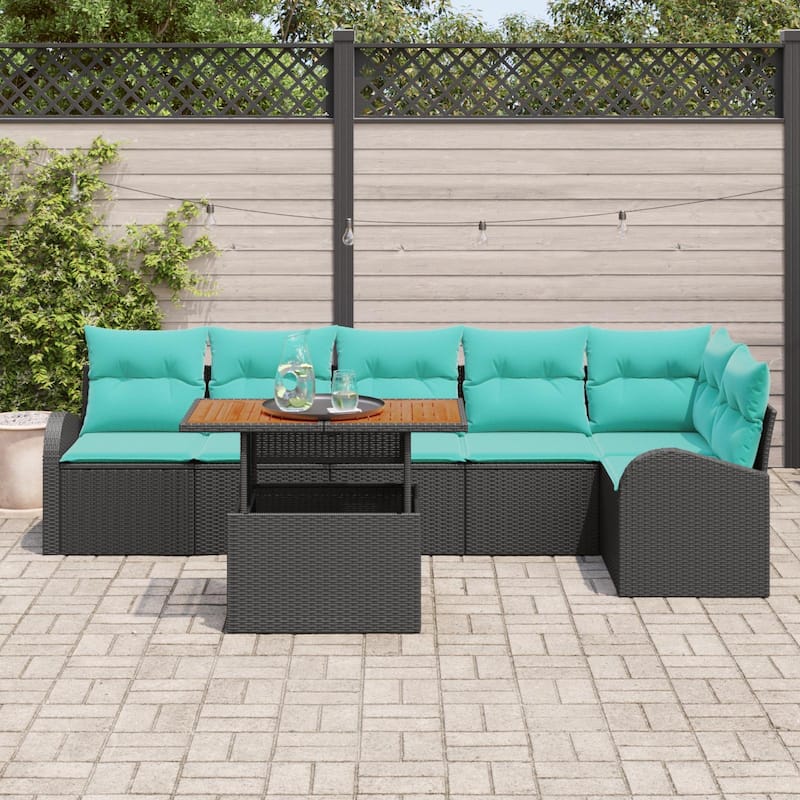 vidaXL 7 Piece Garden Sofa Set with Cushions Black Poly Rattan - 113.8×48.8×27.2