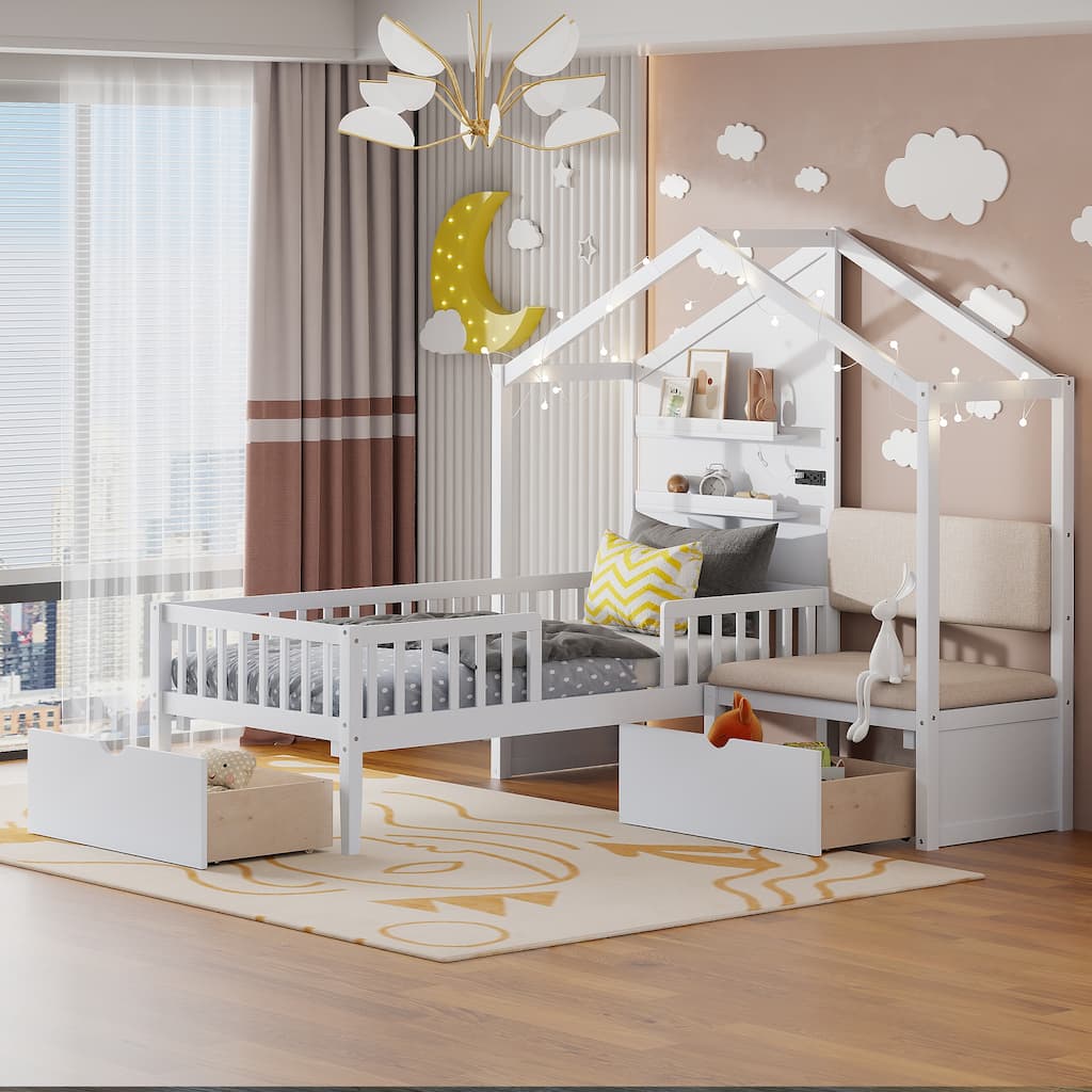 Twin Size House Bed with Upholstered Sofa, House Bed with Charging Station, Wireless Charging, Shelves and Two Drawers