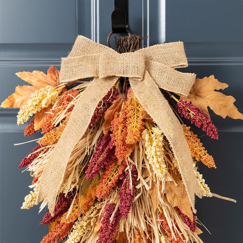 Glitzhome 26"H Fall Sunflower Pumpkin Lotus Leaf Teardrop Swag for Thanksgiving