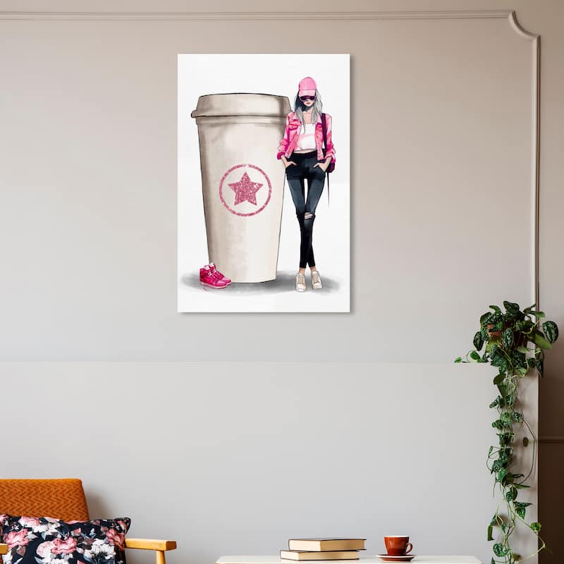 Wynwood Studio Canvas Drinks and Spirits Cafe Girl Pink Pink and Metallic Pink Glam Wall Art Canvas Print - 20 x 30