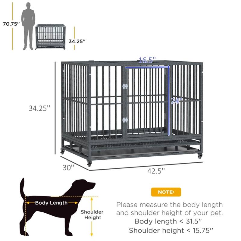 Grey Dog Cage with Secure Welded Frame Slide-Out Tray Front and Top Doors and Rolling Wheels
