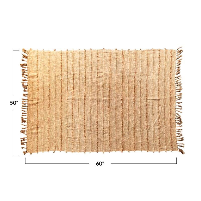 Stonewashed Woven Cotton Slub Throw with Pom Pom Trim and Fringe