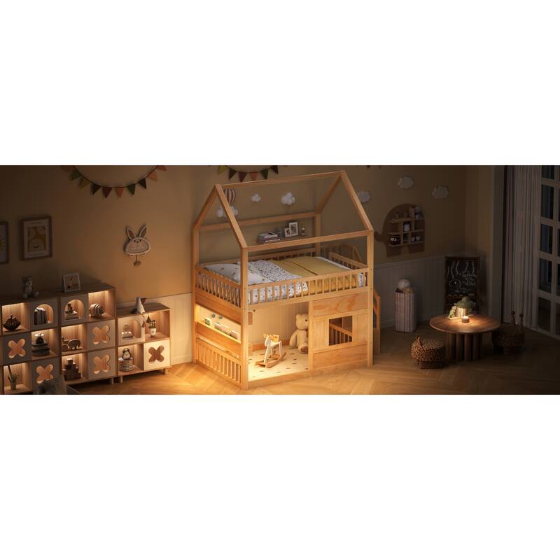 Roomfitters Full Size Wood House Loft Bed with Storage Stairs and Built-in Shelving, Modern Space-Saving Sleep Space