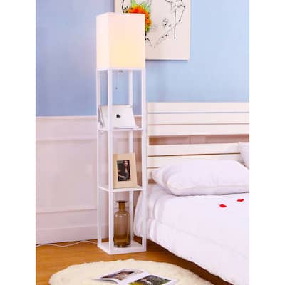 Brightech Maxwell 63 in. White Traditional USB Charging LED 3-Shelf Floor Lamp with White Fabric Square Shade