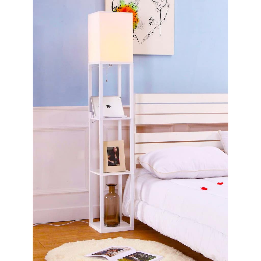 Brightech Maxwell 63 in. White Traditional USB Charging LED 3-Shelf Floor Lamp with White Fabric Square Shade
