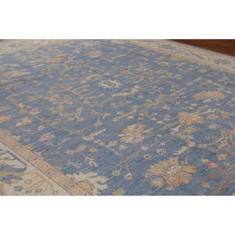 Oushak Vegetable Dye Area Rug Hand-Knotted Blue Floral Wool Carpet - 8'2" x 10'0" - 8'2" x 10'0" - Blue