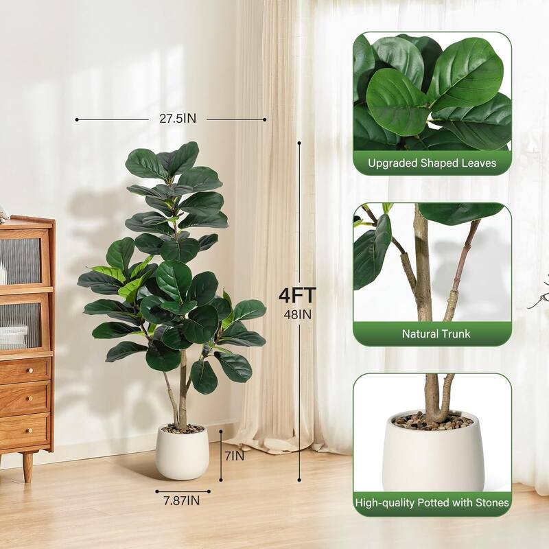 Artificial Fiddle Leaf Fig Tree with White Planter Pot for Home Decor