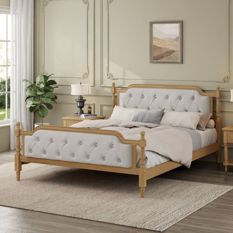 Queen Size Solid Wood Bed Frame with Tufted Upholstered Headboard, No Box Spring Needed, Antique Walnut Finish - Walnut