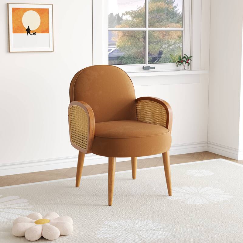 Mid-century Accent Chair with Rattan Armrests&Wooden Legs, for Living Room Reading Bedroom Balcony