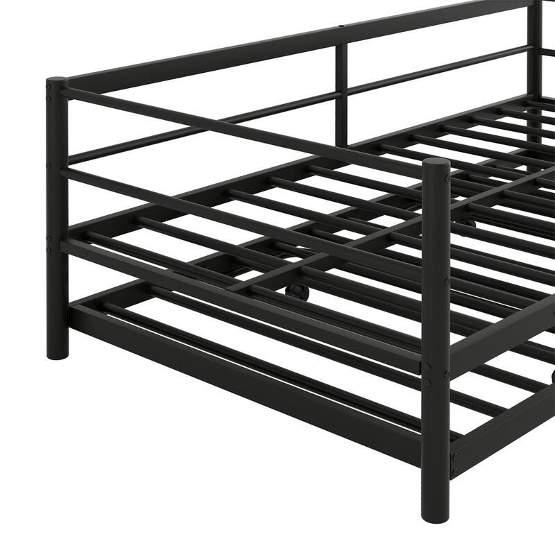 Twin Size Daybed with LED Light and Adjustable Trundle, Metal Daybed Frame Sofa Bed with Pop Up Trundle and Slats Support