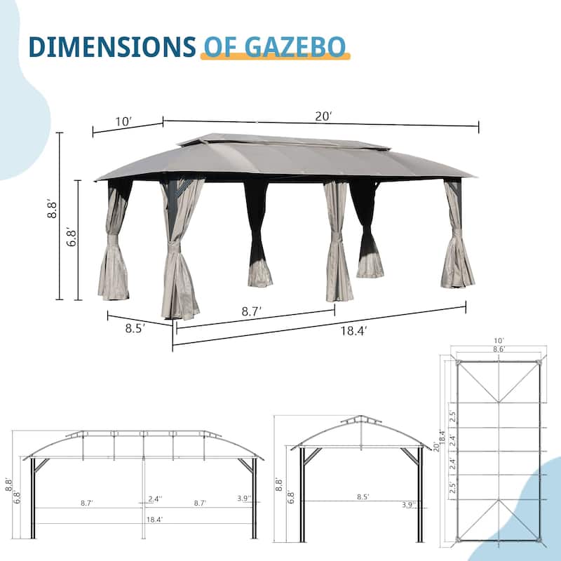 GDFStudio - Outdoor Gazebo with Mosquito Netting, Metal Frame Double Roof Soft Top Canopy Tent for Backyard, Garden, Patio
