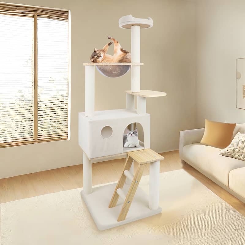 Wood Cat Tree With Large Condo Wood ladder And Transparent Spacecraft 165cm - White