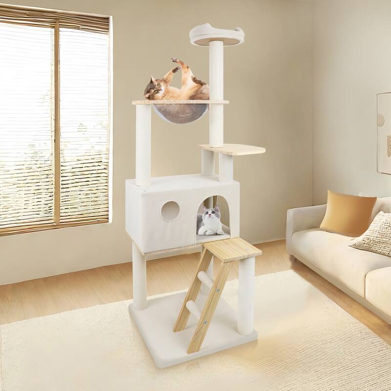 wood cat tree with large condo wood ladder and transparent spacecraft 165cm