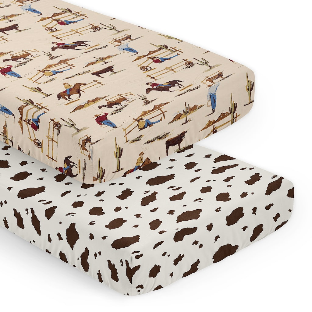 Wild West Collection Boy 2 Pack Fitted Crib Sheets Tan Brown Red Southern Country Blue White Horse Off White Cow Print Animal