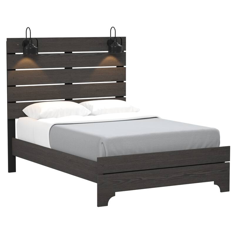 Farmhouse Queen Platform Bed in Stone Brown with Built-In LED Lighting and High Headboard, Easy Assembly - Full Brown - Full