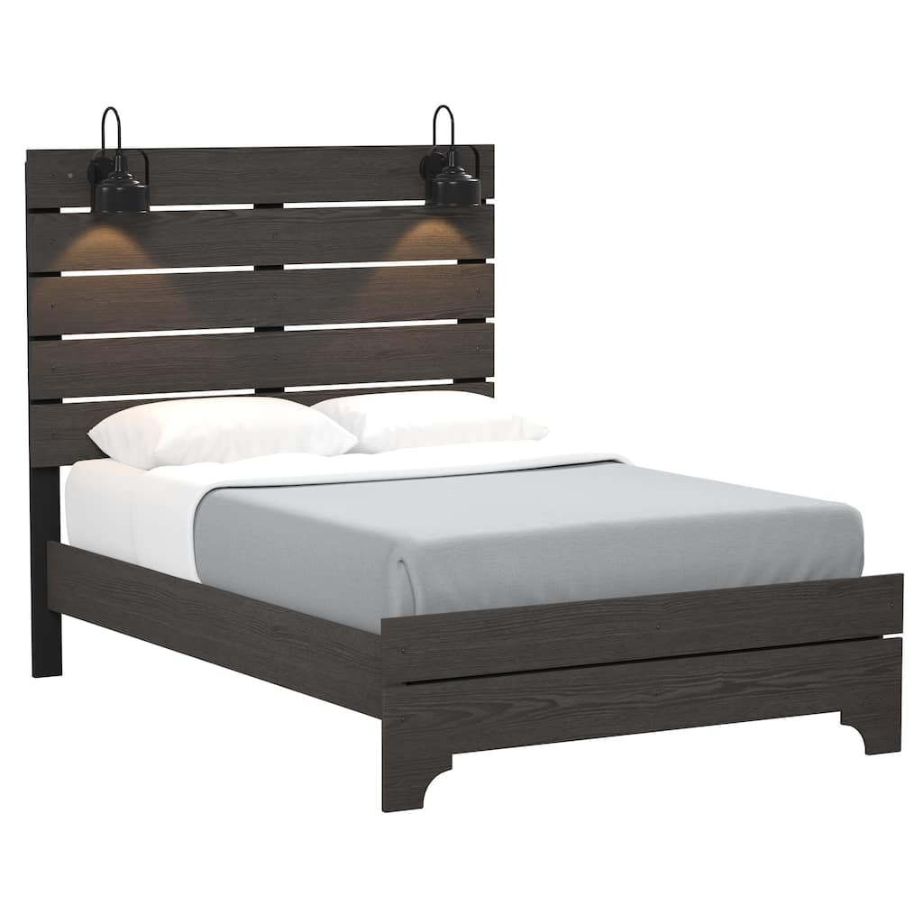 Full Size Engineered Wood Panel Bed with Built-In Lighting and Modern Farmhouse Style