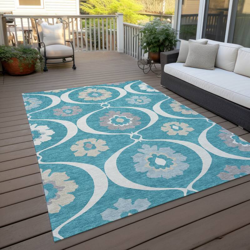 Machine Washable Indoor/ Outdoor Chantille Floral Geo Rug - Teal - 5' x 7'6"