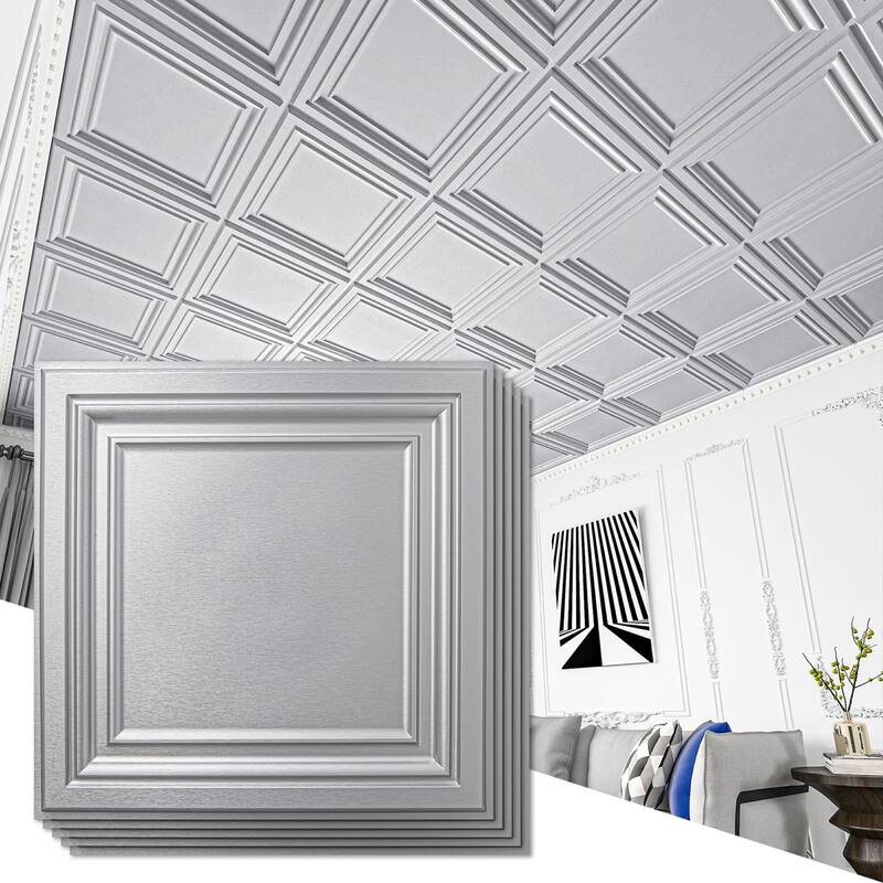 Art3d 2x2 ft. PVC Ceiling Tiles,Glue Up Wall Paneling in Argent Silver,48sqft