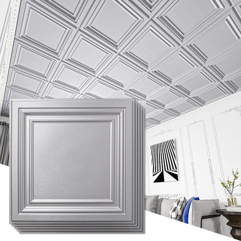 Art3d 2x2 ft. PVC Ceiling Tiles,Glue Up Ceiling Tile in Argent Silver