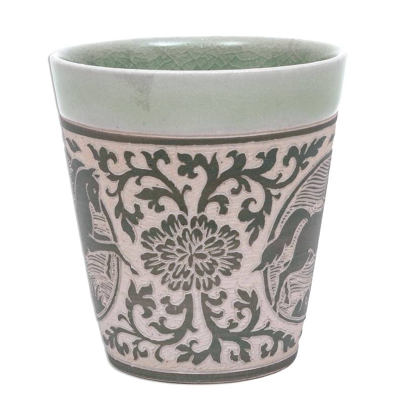 Handmade Thai Zodiac Horse Celadon ceramic mug (Thailand)