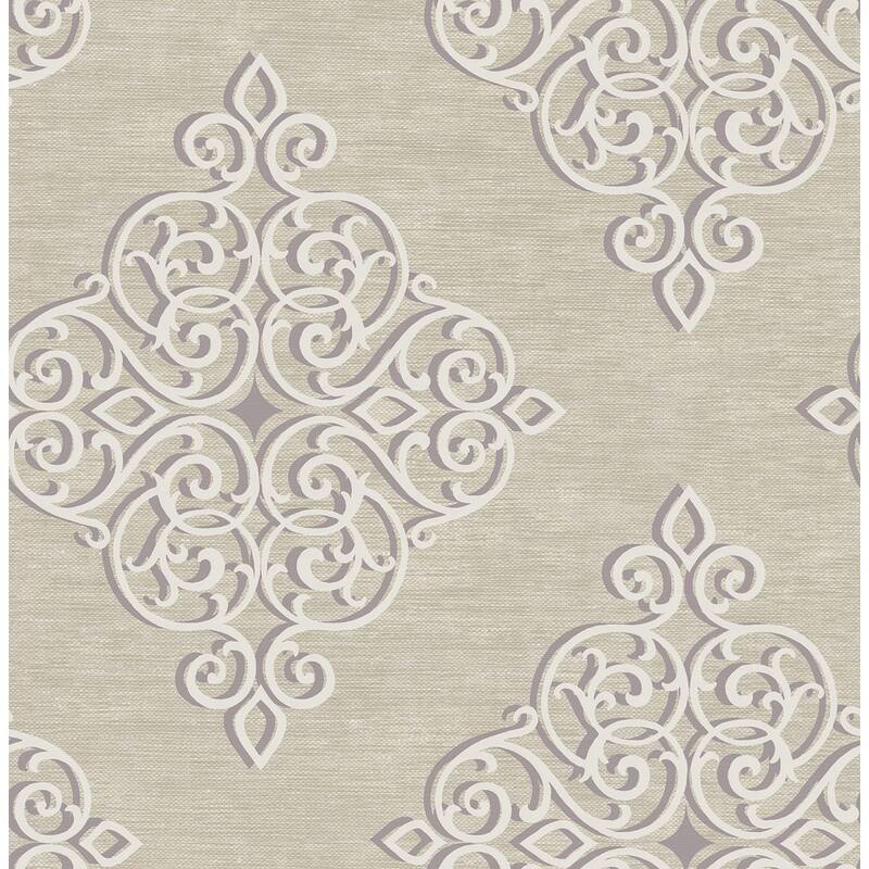 Seabrook Designs Nellie Medallion Damask Unpasted Wallpaper - 20.5 in. W x 33 ft. L - Metallic Linen & Lavender Haze