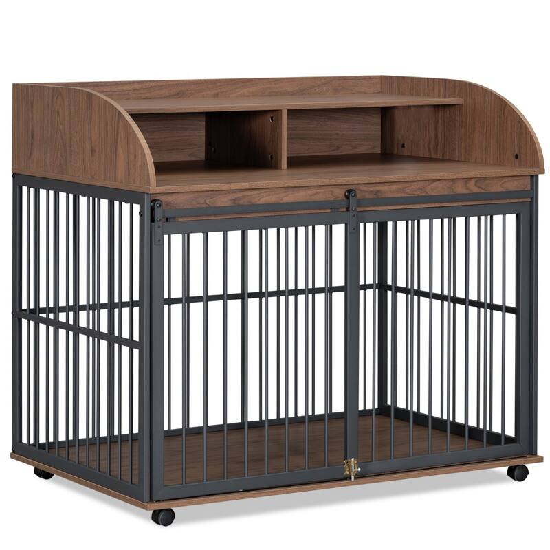 44" Wooden Large Dog Crate Furniture with Wheels and Double Storage