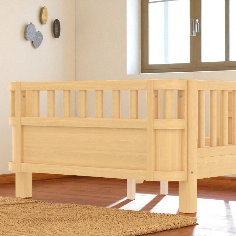 Wood Platform Bed with Guardrails & Detachable Fence, Twin/Full/Twin XL/Queen Size Kids Bed, Safety Design, No Box Spring