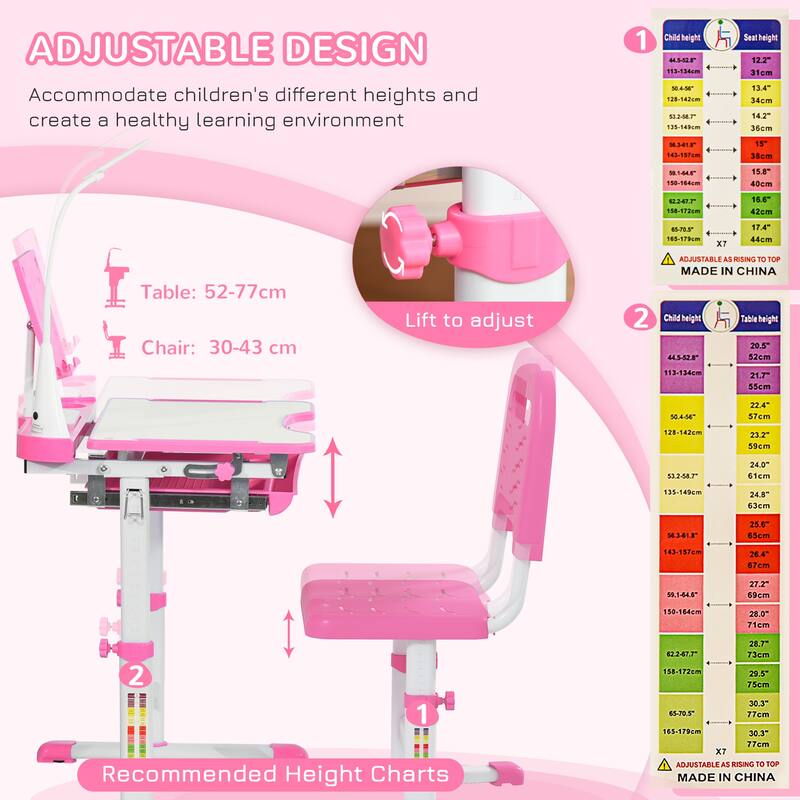 Pink Adjustable Kids Desk and Chair Set with Tilt Desktop Drawer Pen Slots Cup Holder and USB Lamp Ergonomic