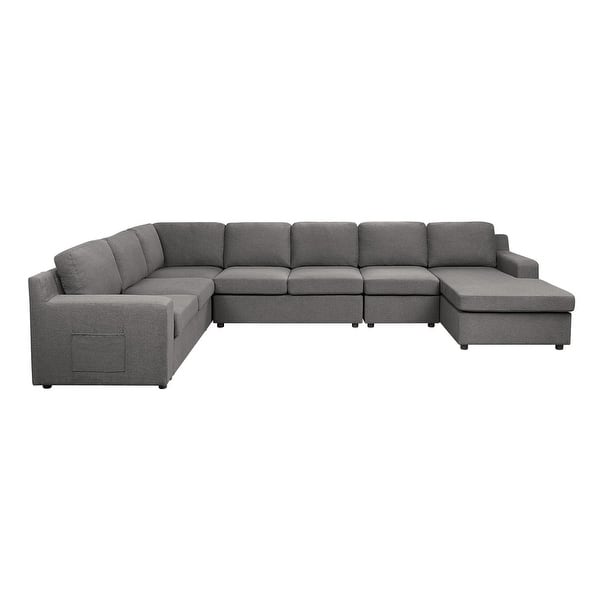 Waylon Gray Linen 7Seater UShape Sectional Sofa Chaise with Pocket