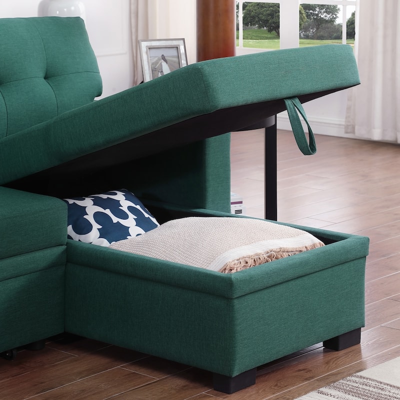 Linen L-Shaped Convertible Sectional Sofa Bed with Storage and Wooden Accent